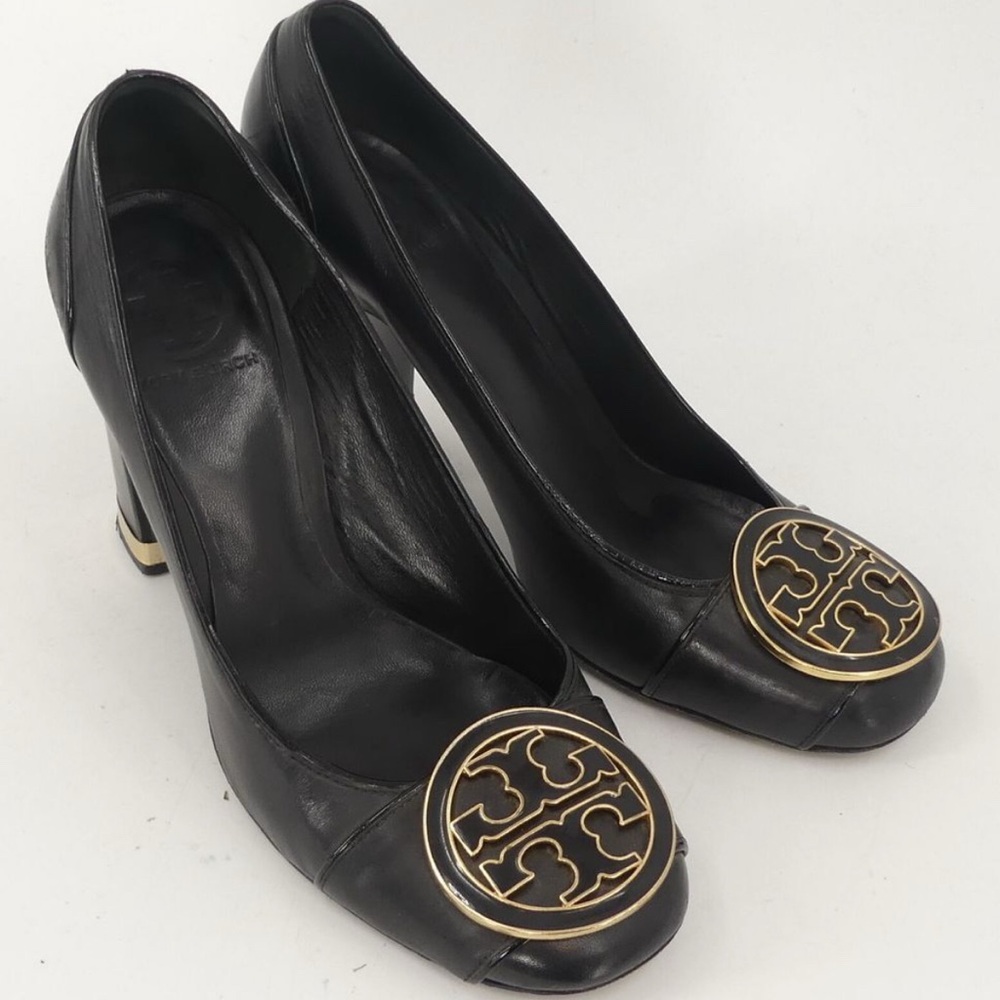 Tory Burch Black Leather Logo Embellished Maddie Pumps Women's 8.5M